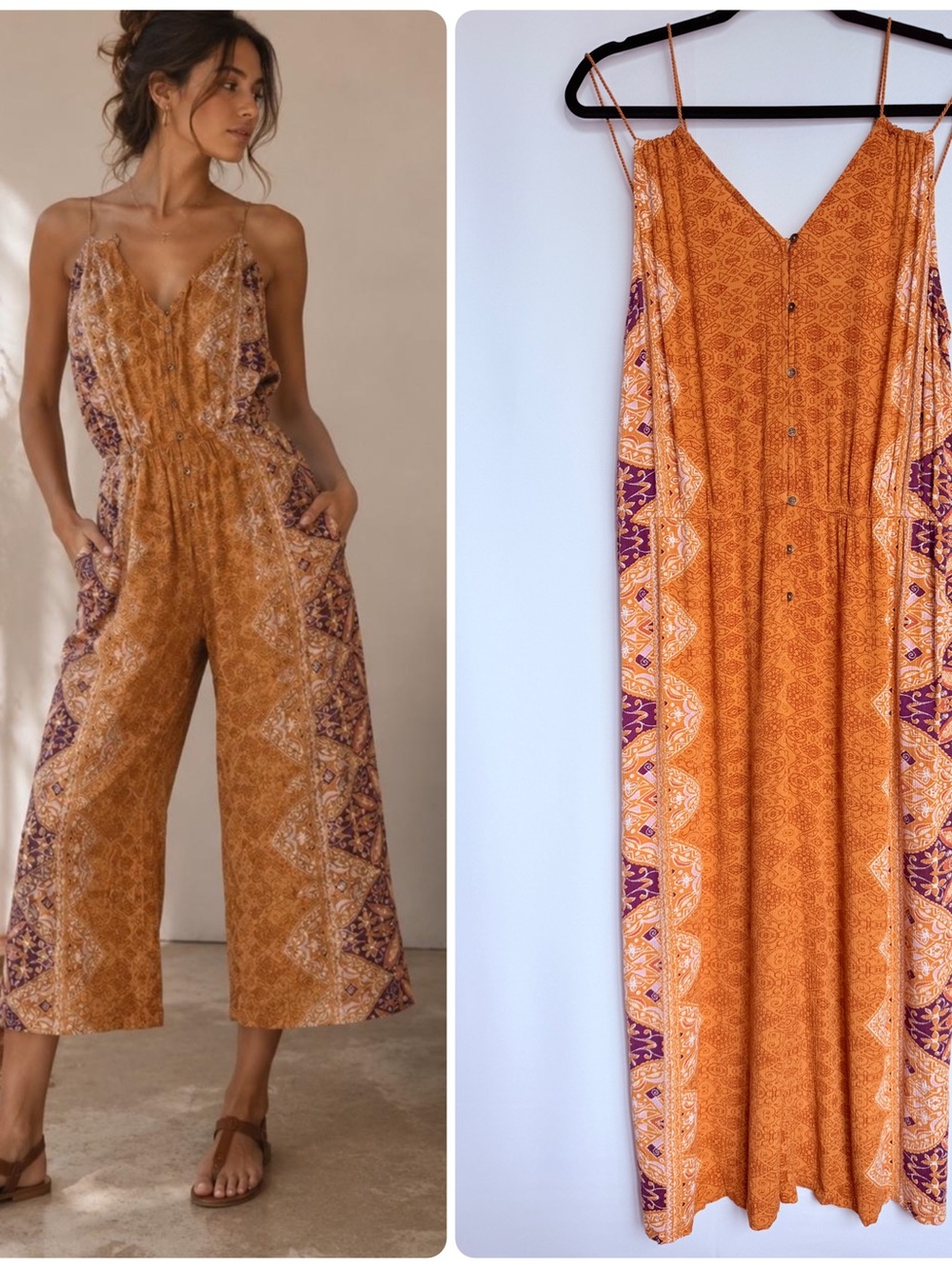 Boho Wide Leg Cropped Jumpsuit Orange & Purple Rayon Romper XL